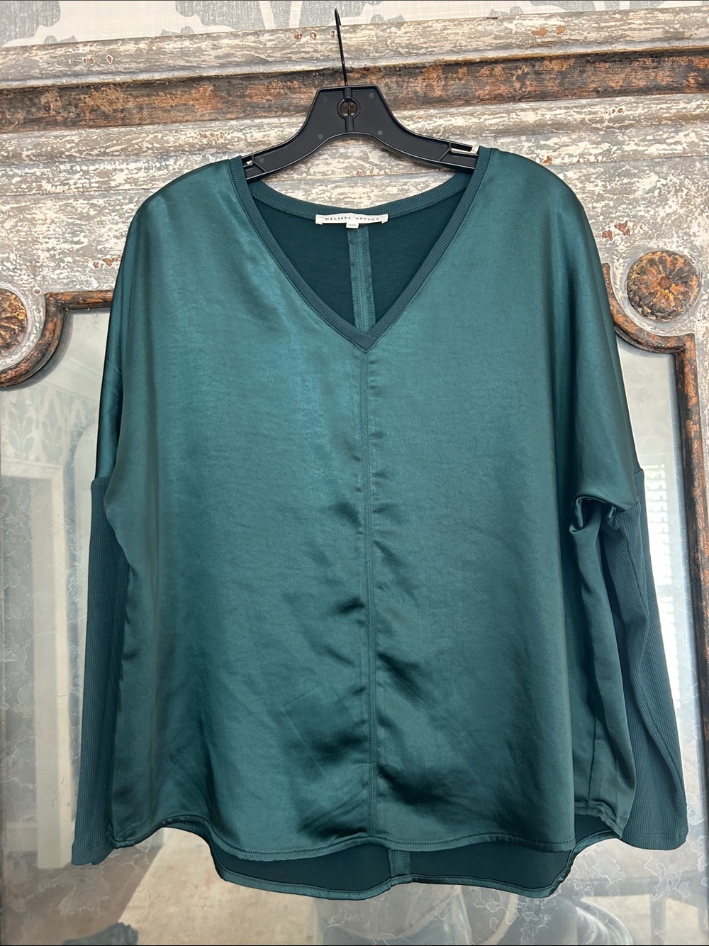 MELISSA NEPTON Teal Satin-Front V-Neck Long Sleeve Top